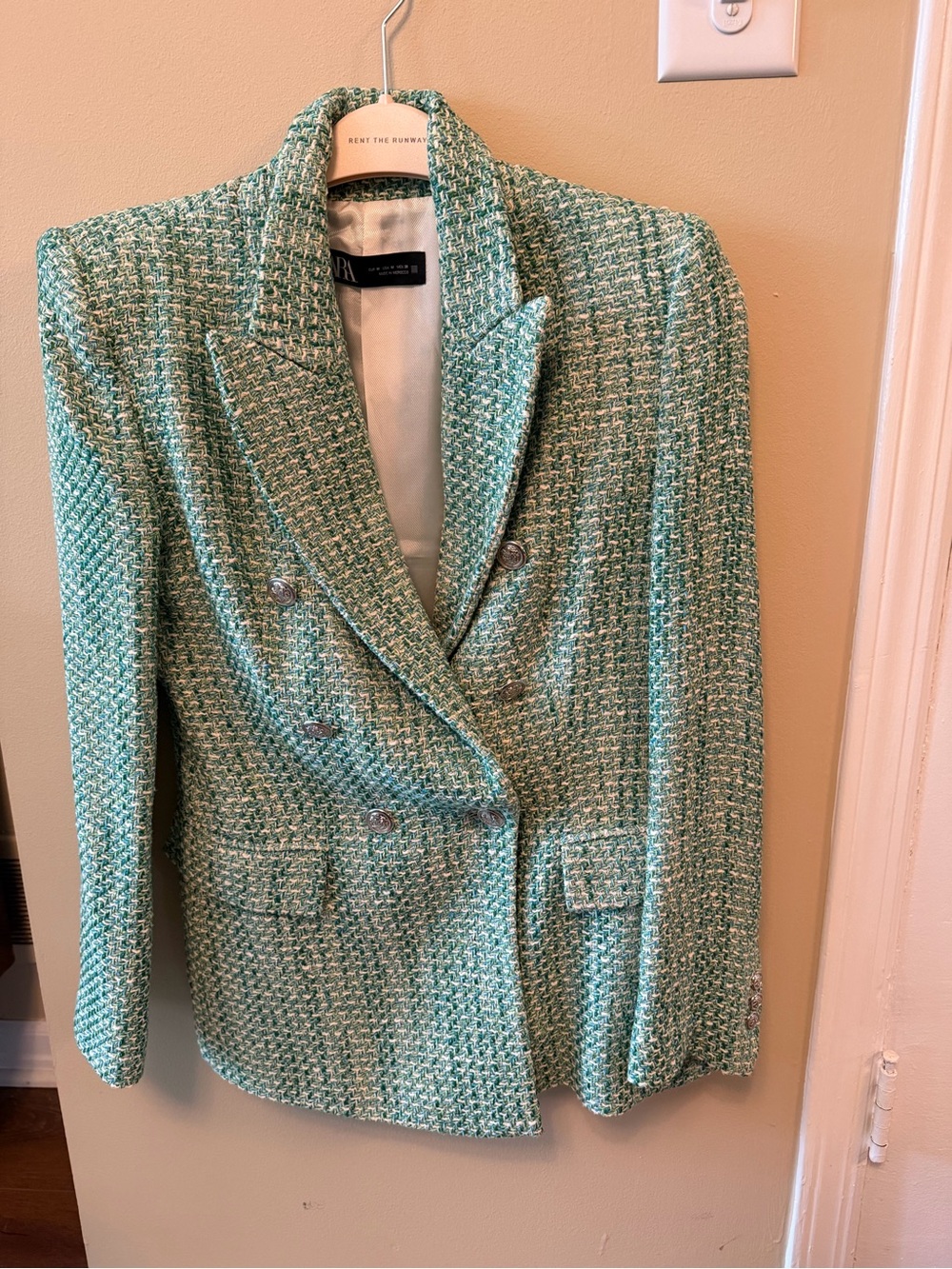 Zara Seafoam Green Tweed Double-Breasted Blazer